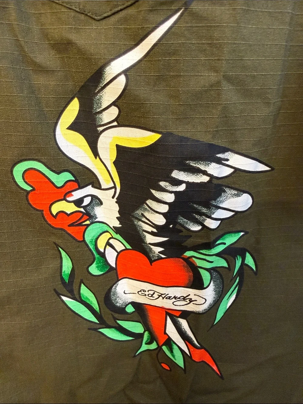 Ed Hardy Olive Green Sleeveless Button-Up Vest with Tattoo Graphic